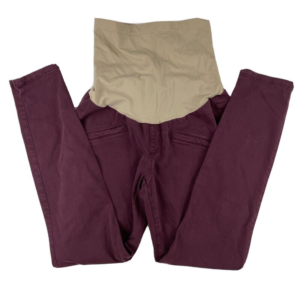 Maternity Skinny Pants with Beige Support Panel - Burgundy